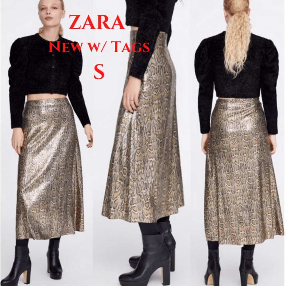 NWT BLOGGERS! ZARA SNAKE PRINT SEQUIN MIDI SKIRT S 2499/109/040